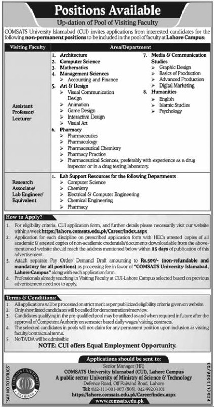 Latest Comsats University Islamabad Jobs 2023 Application Form